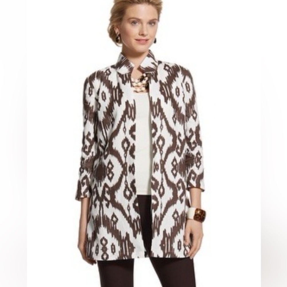 Chico's Women’s Ikat‎ Pattern Brown & White Lightweight Linen Blazer Jacket Sz 0